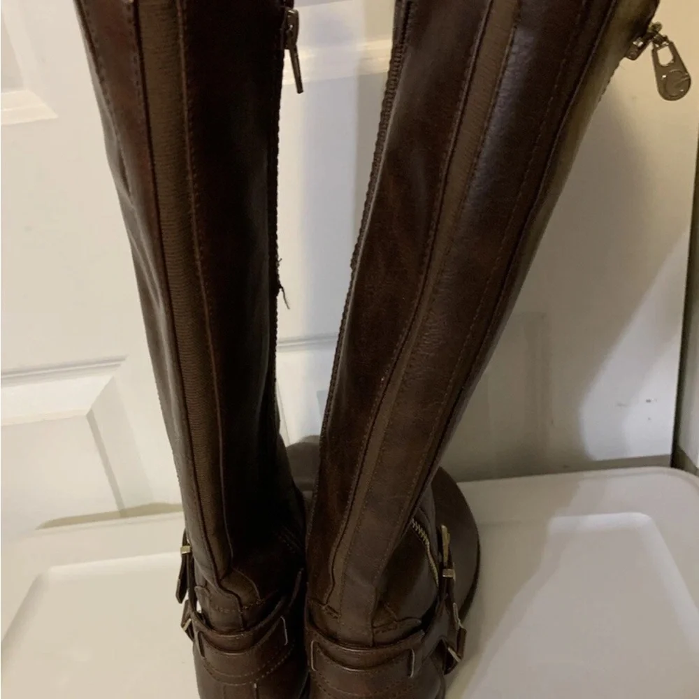 G by Guess womens sz 9M Dark Brown tall riding faux‎ leather buckle zip Boots